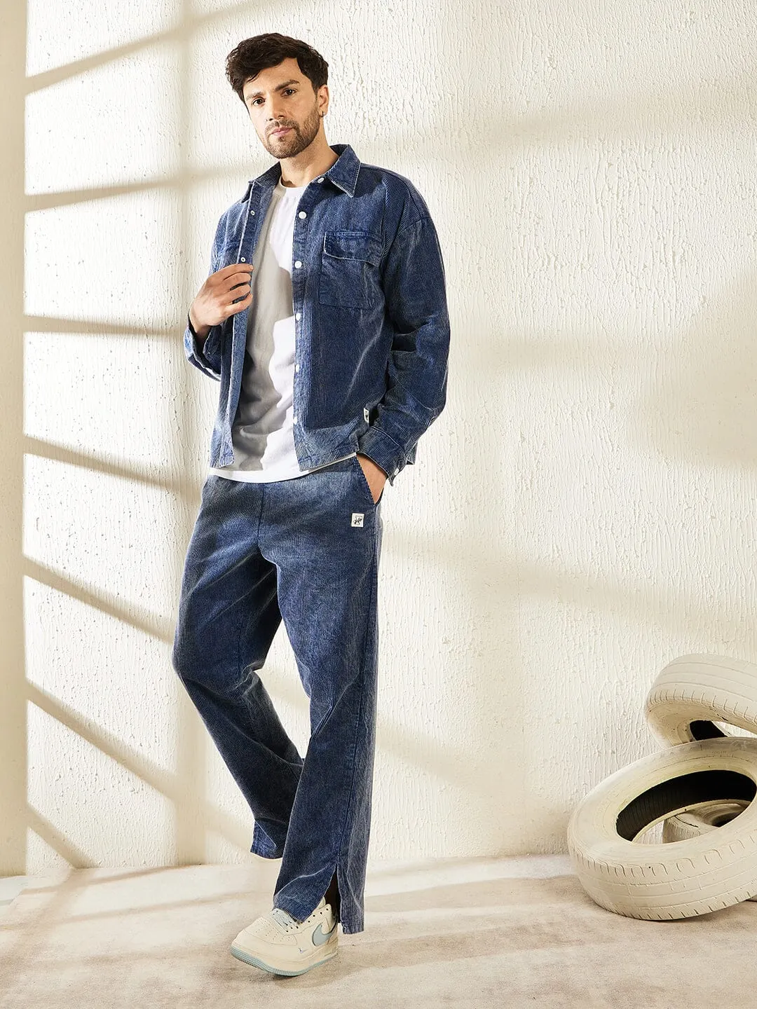 Denim Washed Cord Shacket and Trackpant Clothing Set