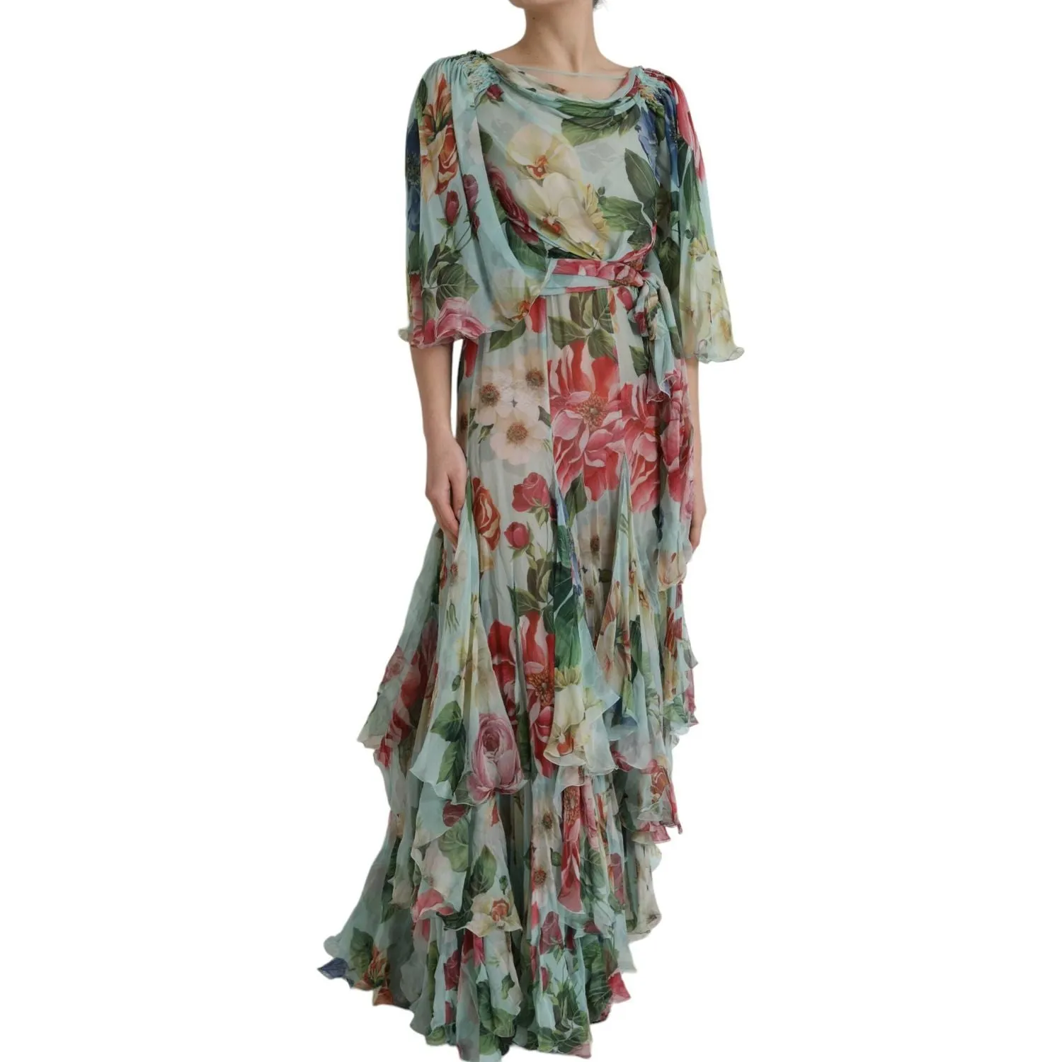 Dolce & Gabbana Blue Floral Print Tiered Long Maxi Dress