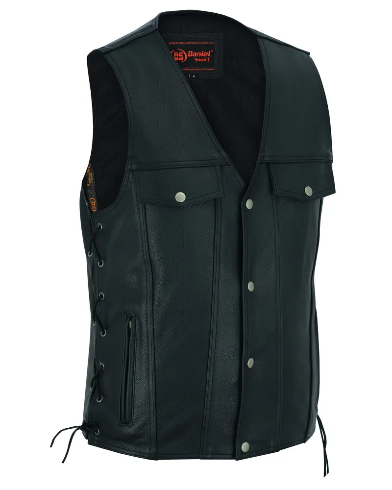 DS124 Men's Black Leather Vest with Side Laces and CCW Pockets