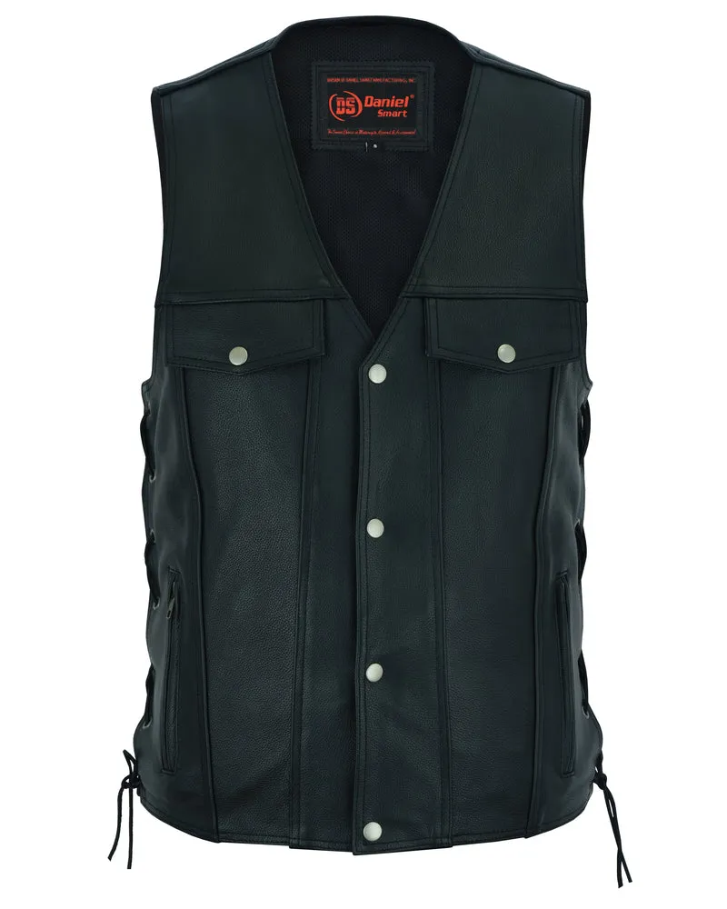 DS124 Men's Black Leather Vest with Side Laces and CCW Pockets