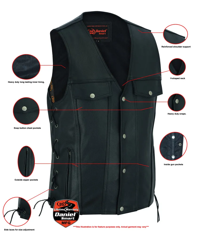 DS124 Men's Black Leather Vest with Side Laces and CCW Pockets