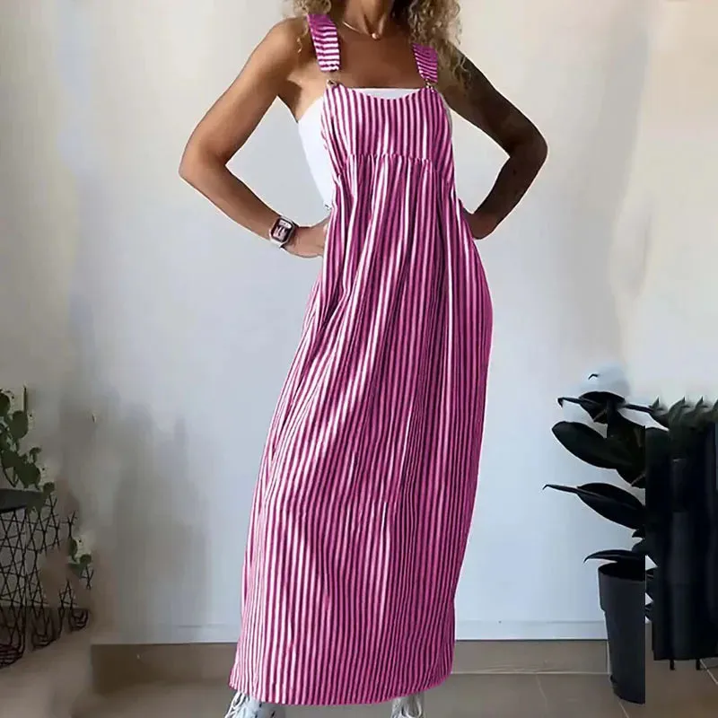 Elegant Off Shoulder 2024 Casual Stripe Printed Long Hollow Spaghetti Strap Summer Ladies Dress