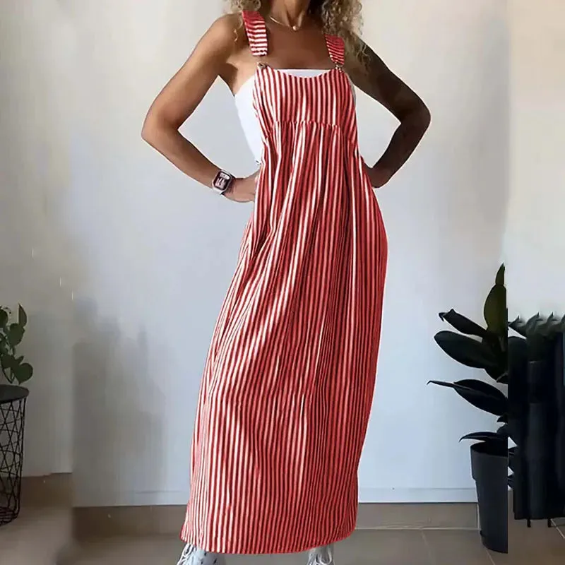 Elegant Off Shoulder 2024 Casual Stripe Printed Long Hollow Spaghetti Strap Summer Ladies Dress