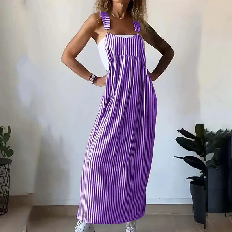 Elegant Off Shoulder 2024 Casual Stripe Printed Long Hollow Spaghetti Strap Summer Ladies Dress