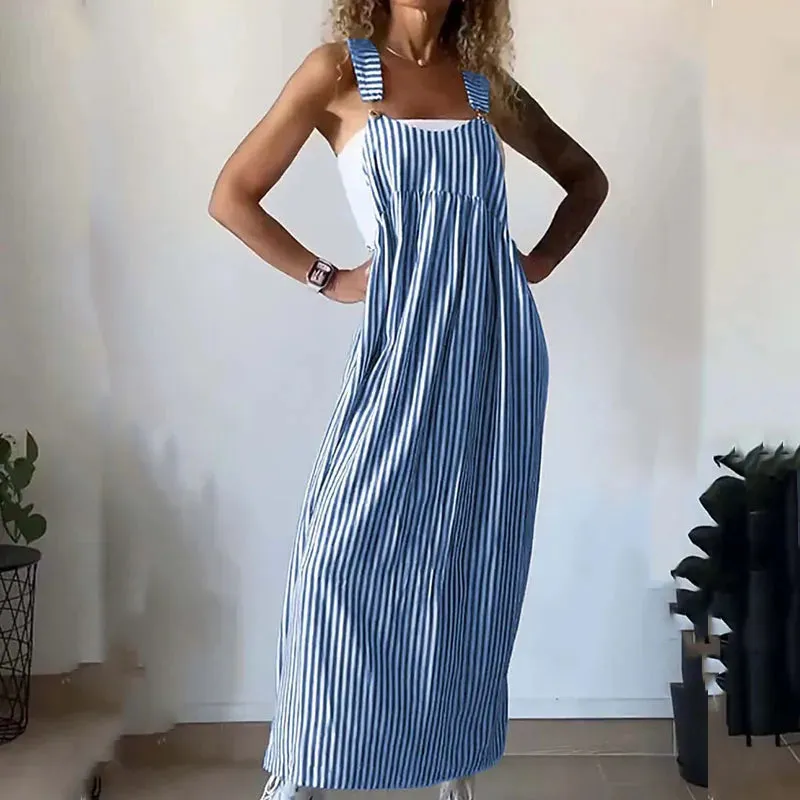 Elegant Off Shoulder 2024 Casual Stripe Printed Long Hollow Spaghetti Strap Summer Ladies Dress