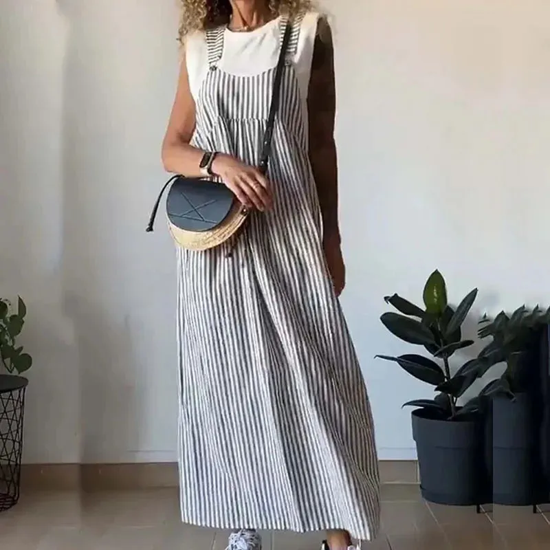 Elegant Off Shoulder 2024 Casual Stripe Printed Long Hollow Spaghetti Strap Summer Ladies Dress