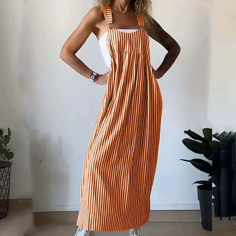 Elegant Off Shoulder 2024 Casual Stripe Printed Long Hollow Spaghetti Strap Summer Ladies Dress