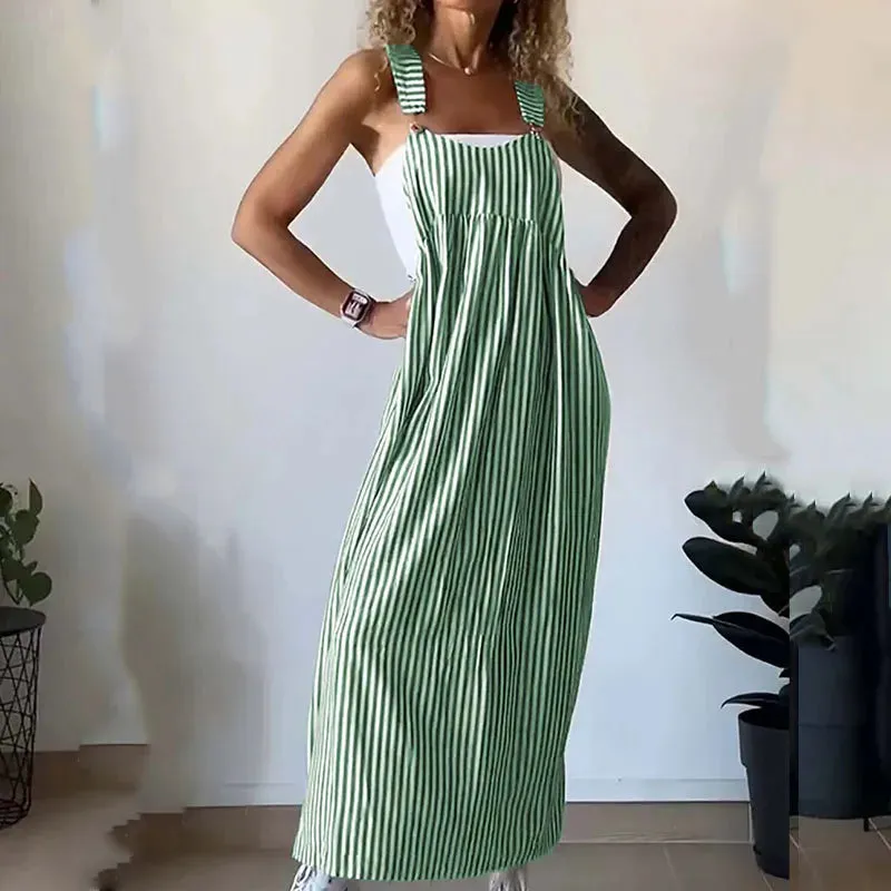 Elegant Off Shoulder 2024 Casual Stripe Printed Long Hollow Spaghetti Strap Summer Ladies Dress