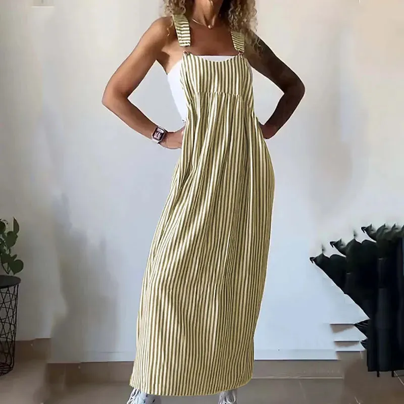 Elegant Off Shoulder 2024 Casual Stripe Printed Long Hollow Spaghetti Strap Summer Ladies Dress