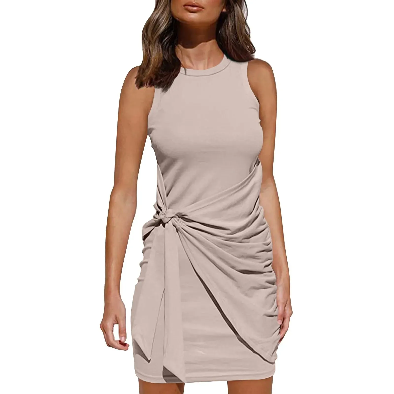 Elegant Sleeveless Women's Clothing with Irregular Belt Hip Wrap Fashion Round Neck Slim Evening Party Mini Dress