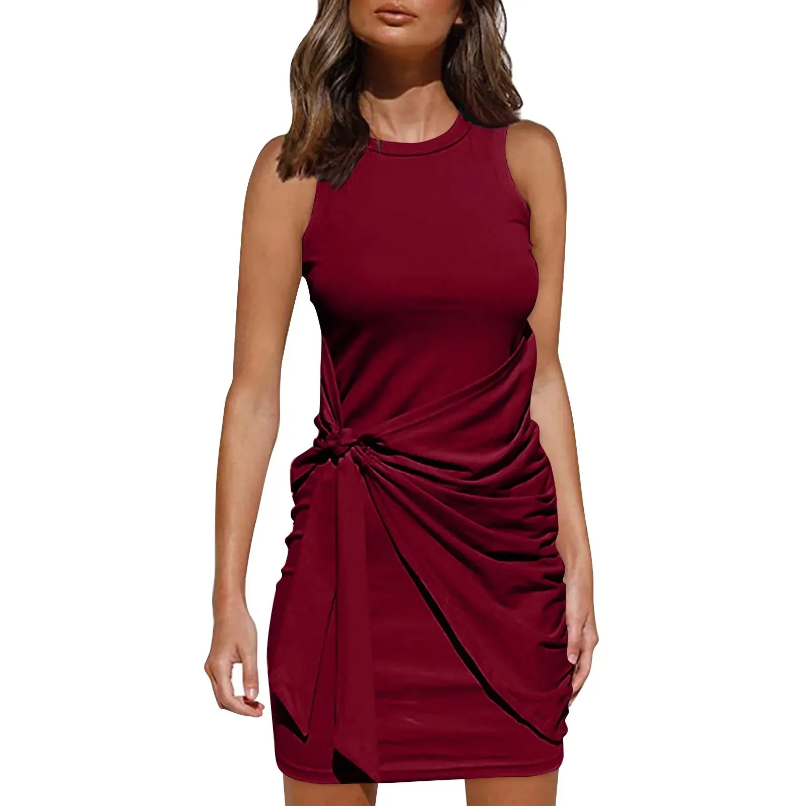 Elegant Sleeveless Women's Clothing with Irregular Belt Hip Wrap Fashion Round Neck Slim Evening Party Mini Dress