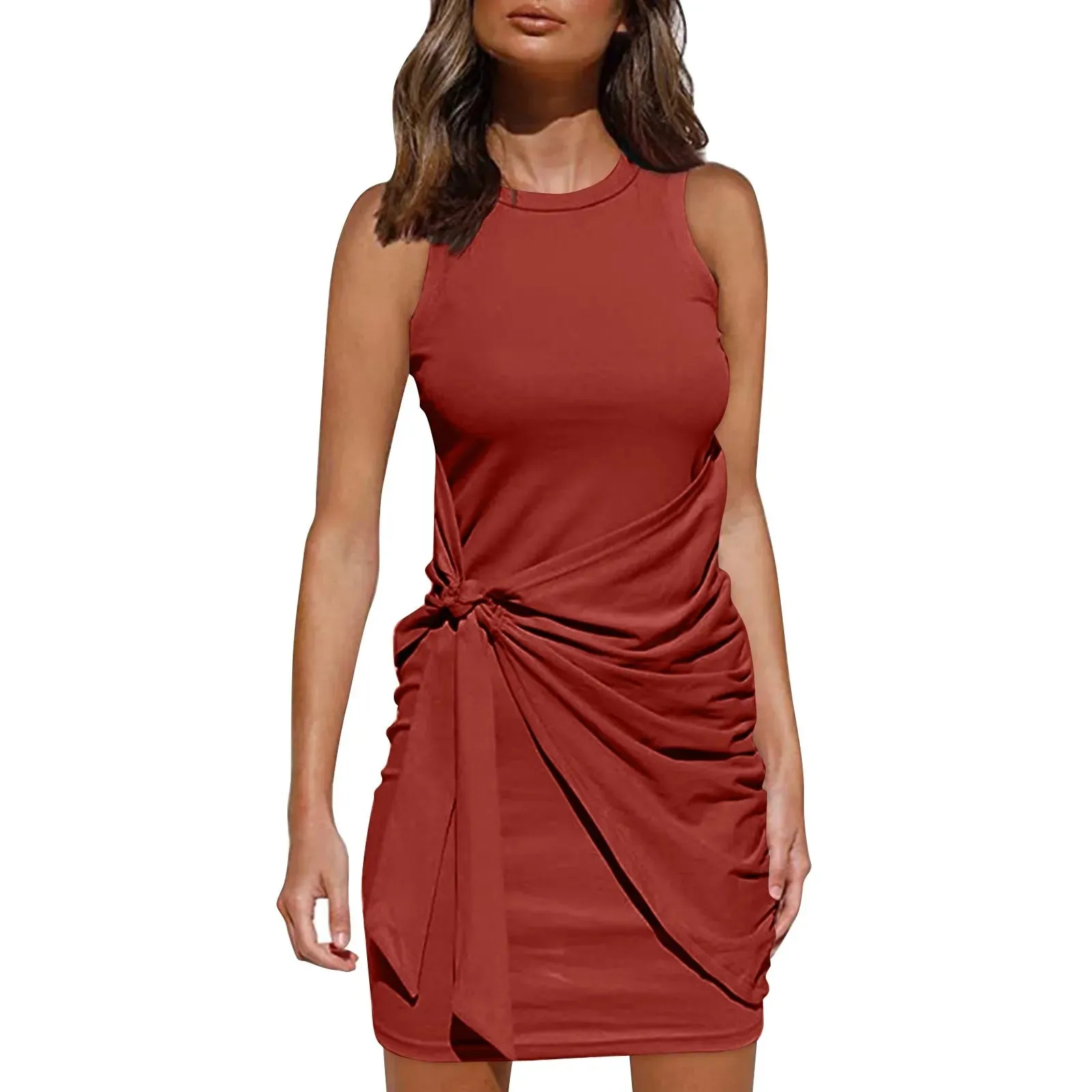 Elegant Sleeveless Women's Clothing with Irregular Belt Hip Wrap Fashion Round Neck Slim Evening Party Mini Dress