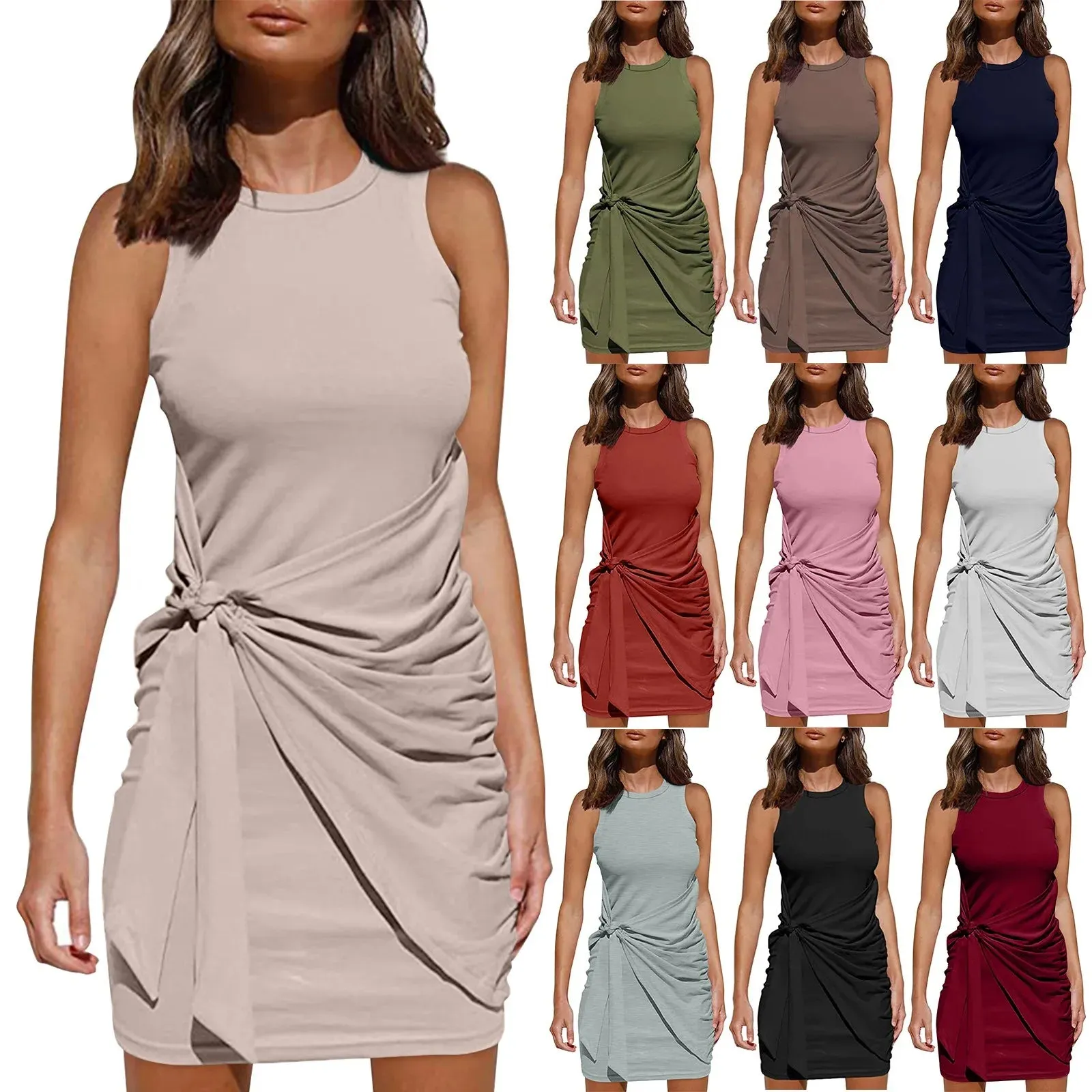 Elegant Sleeveless Women's Clothing with Irregular Belt Hip Wrap Fashion Round Neck Slim Evening Party Mini Dress