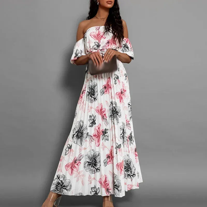 Fashion Pattern Printed High Waist Elegant Short Sleeves Pleats Long Casual Lady Slash Neck Party Vestido Floral 2024 Dress