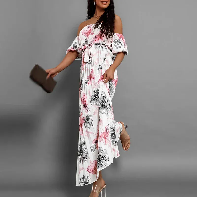 Fashion Pattern Printed High Waist Elegant Short Sleeves Pleats Long Casual Lady Slash Neck Party Vestido Floral 2024 Dress