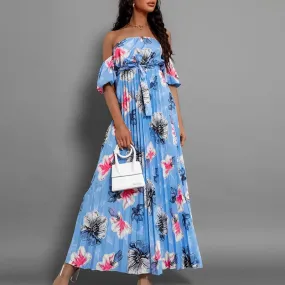 Fashion Pattern Printed High Waist Elegant Short Sleeves Pleats Long Casual Lady Slash Neck Party Vestido Floral 2024 Dress