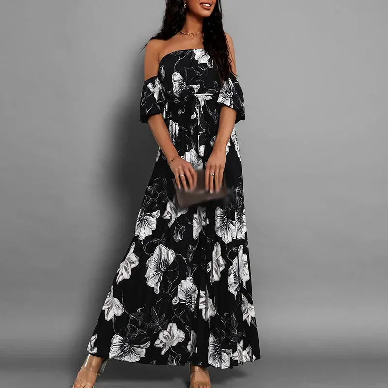 Fashion Pattern Printed High Waist Elegant Short Sleeves Pleats Long Casual Lady Slash Neck Party Vestido Floral 2024 Dress