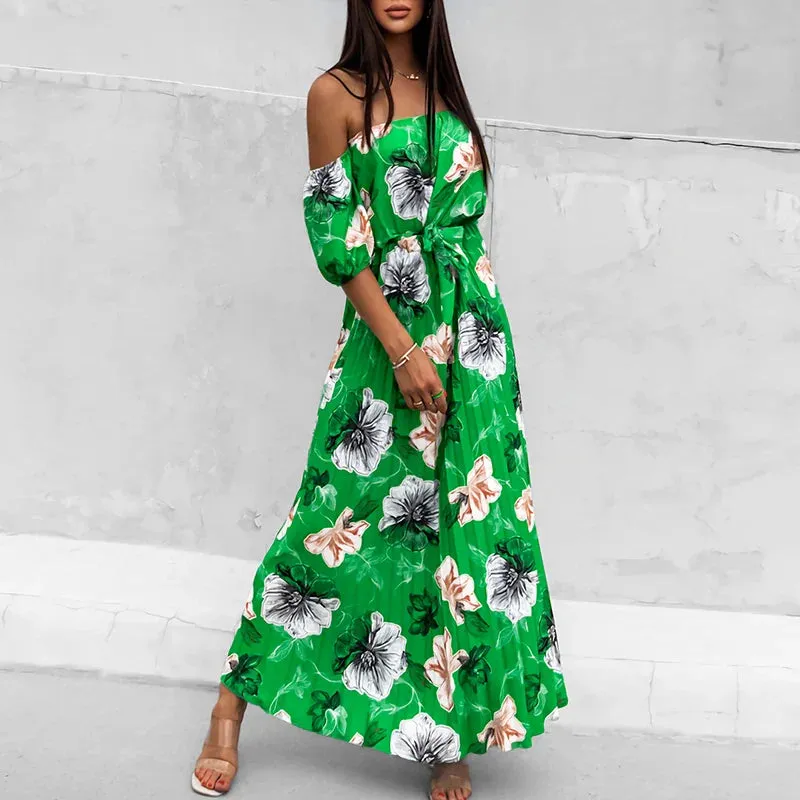 Fashion Pattern Printed High Waist Elegant Short Sleeves Pleats Long Casual Lady Slash Neck Party Vestido Floral 2024 Dress