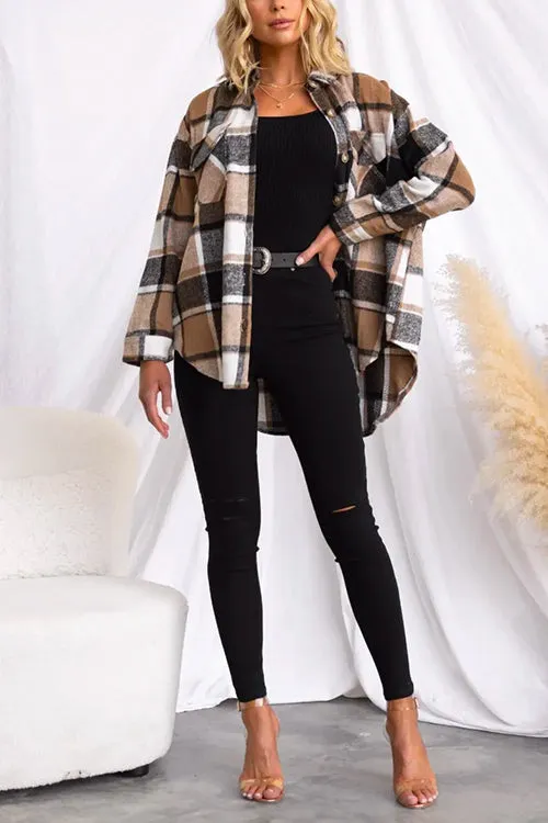 Febedress Lapel Button Down Pockets Plaid Shacket Coat