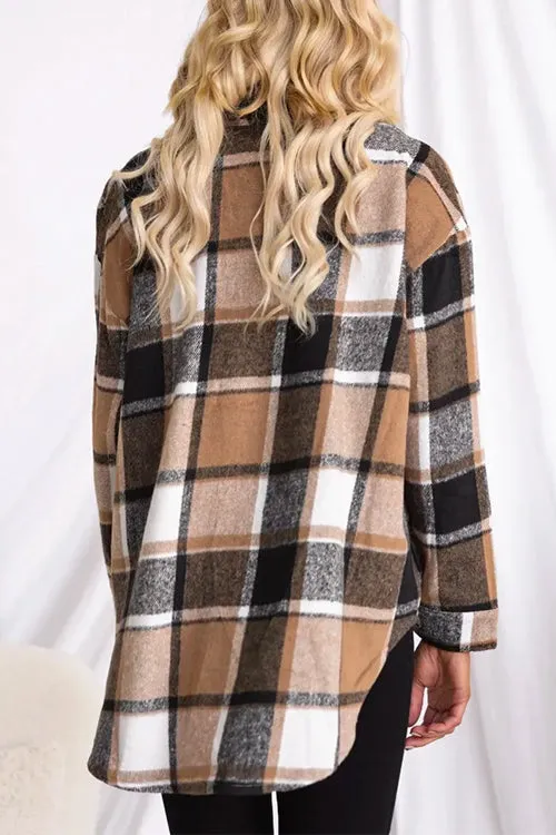 Febedress Lapel Button Down Pockets Plaid Shacket Coat