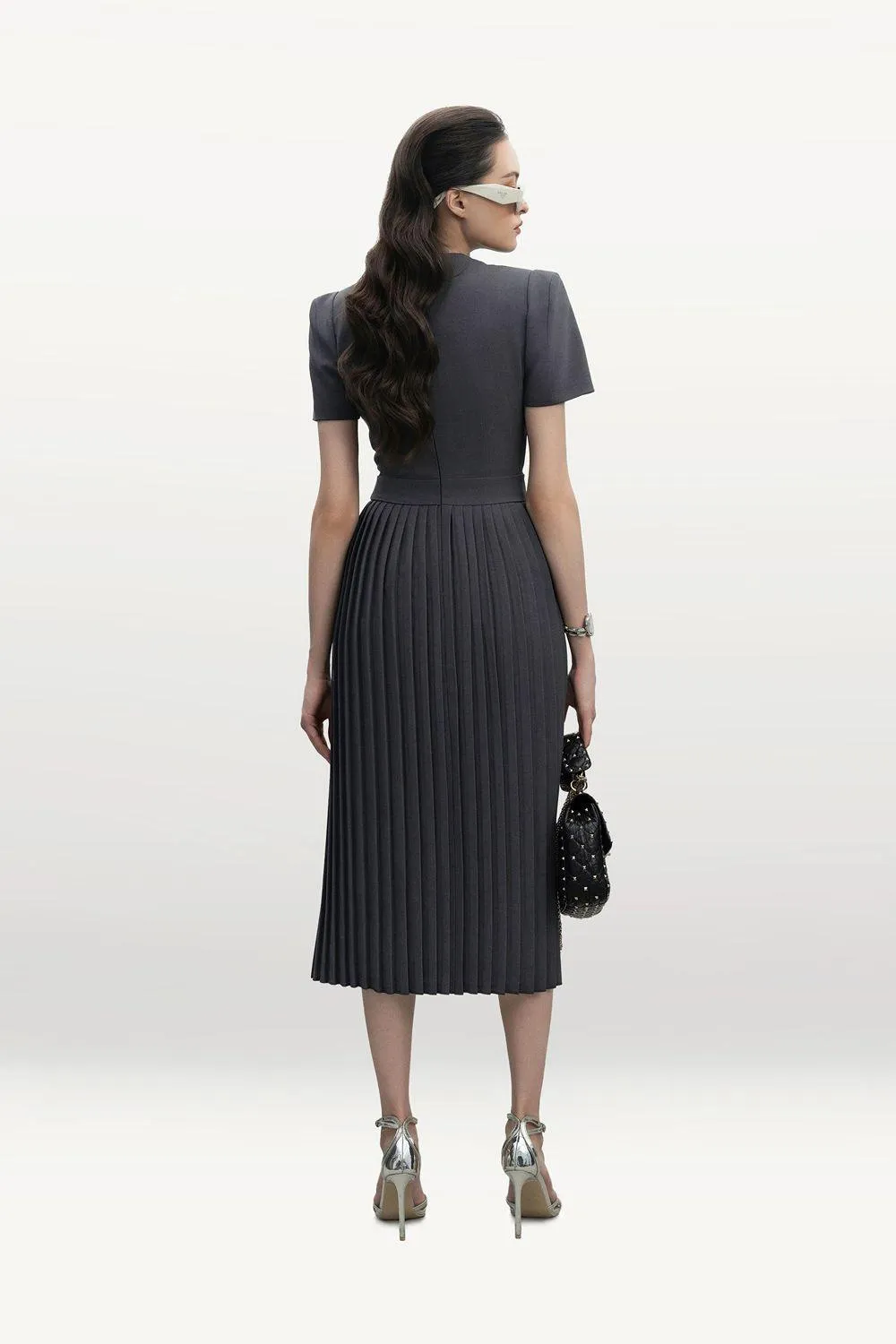 Gabriella Pleated Round Neck Punto Midi Dress