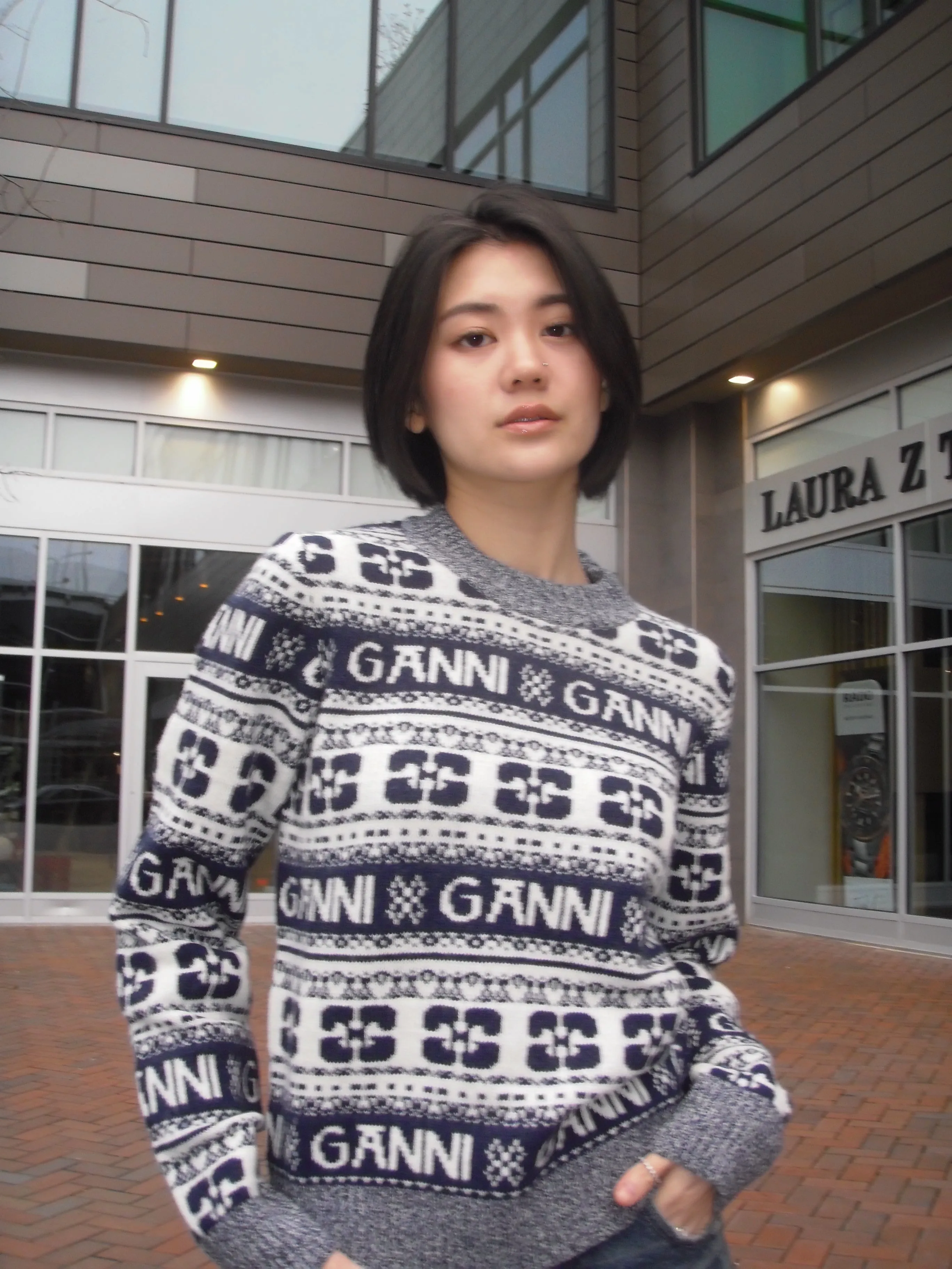 GANNI K2094 BLUE LOGO WOOL MIX O-NECK PULLOVER