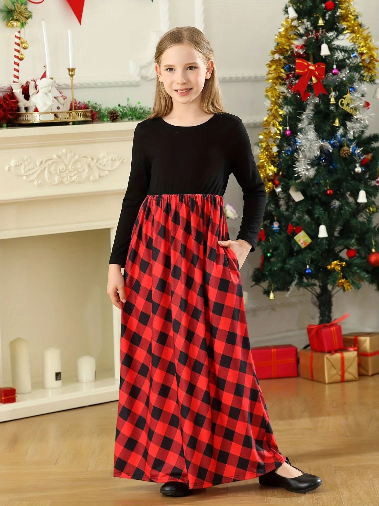 Girl Maxi Dress Kids Casual Christmas Buffalo Check Plaid Long Sleeve Dresses With Pockets (6-14yrs)