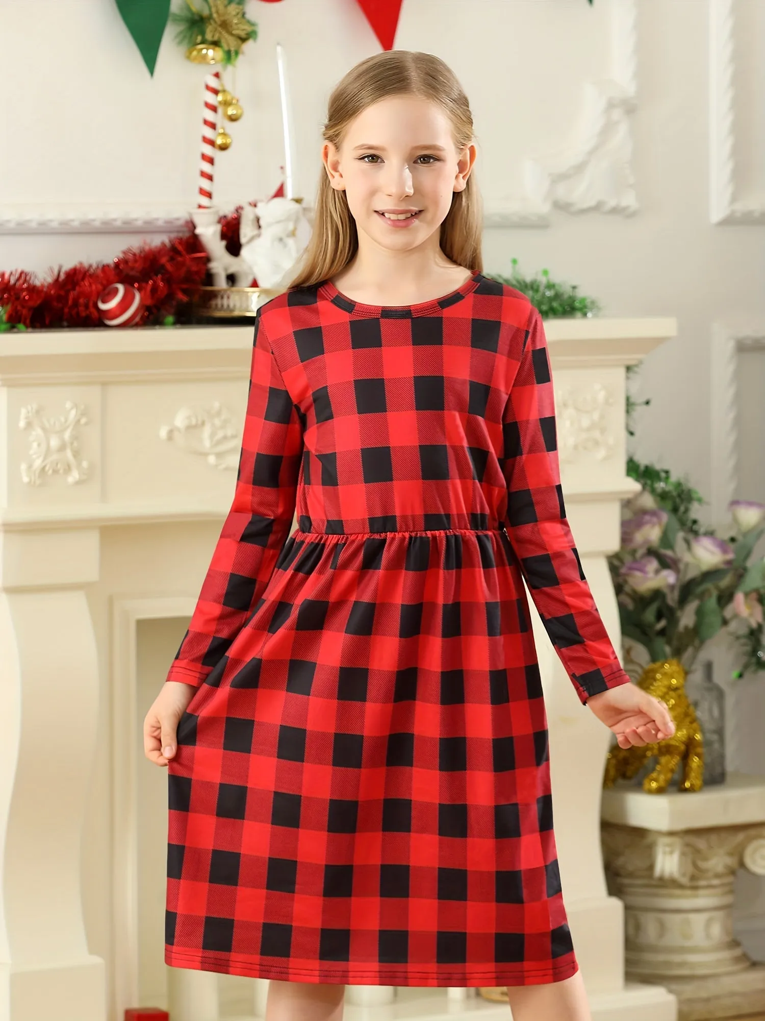 Girl Maxi Dress Kids Casual Christmas Buffalo Check Plaid Long Sleeve Dresses With Pockets (6-14yrs)