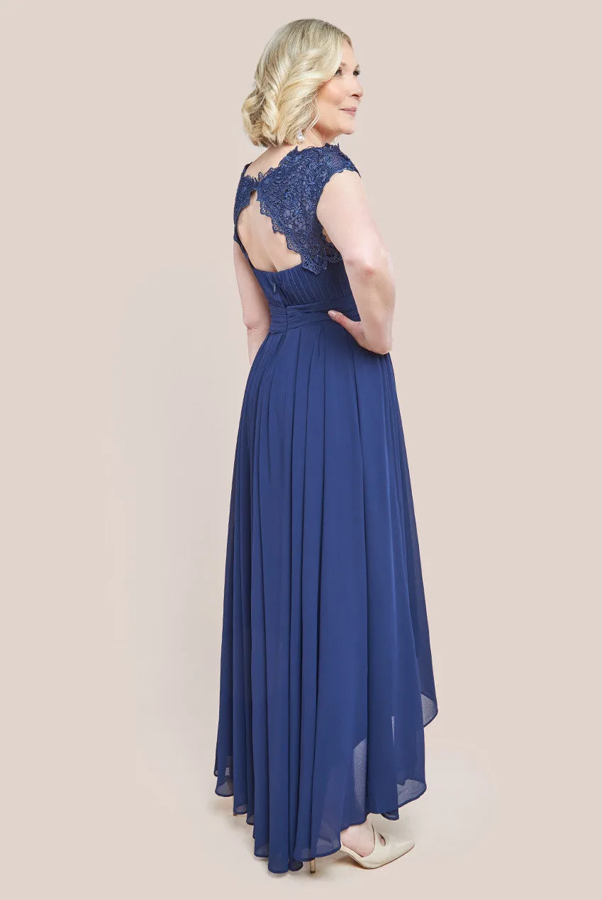 Goddiva Crochet & Pleated Top High Low Maxi Dress - Navy