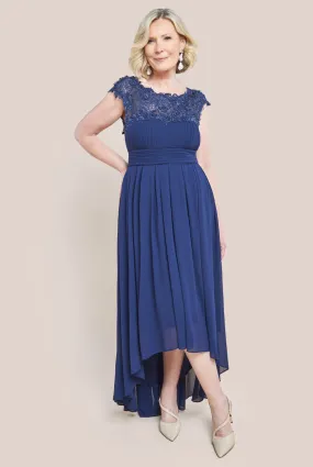 Goddiva Crochet & Pleated Top High Low Maxi Dress - Navy