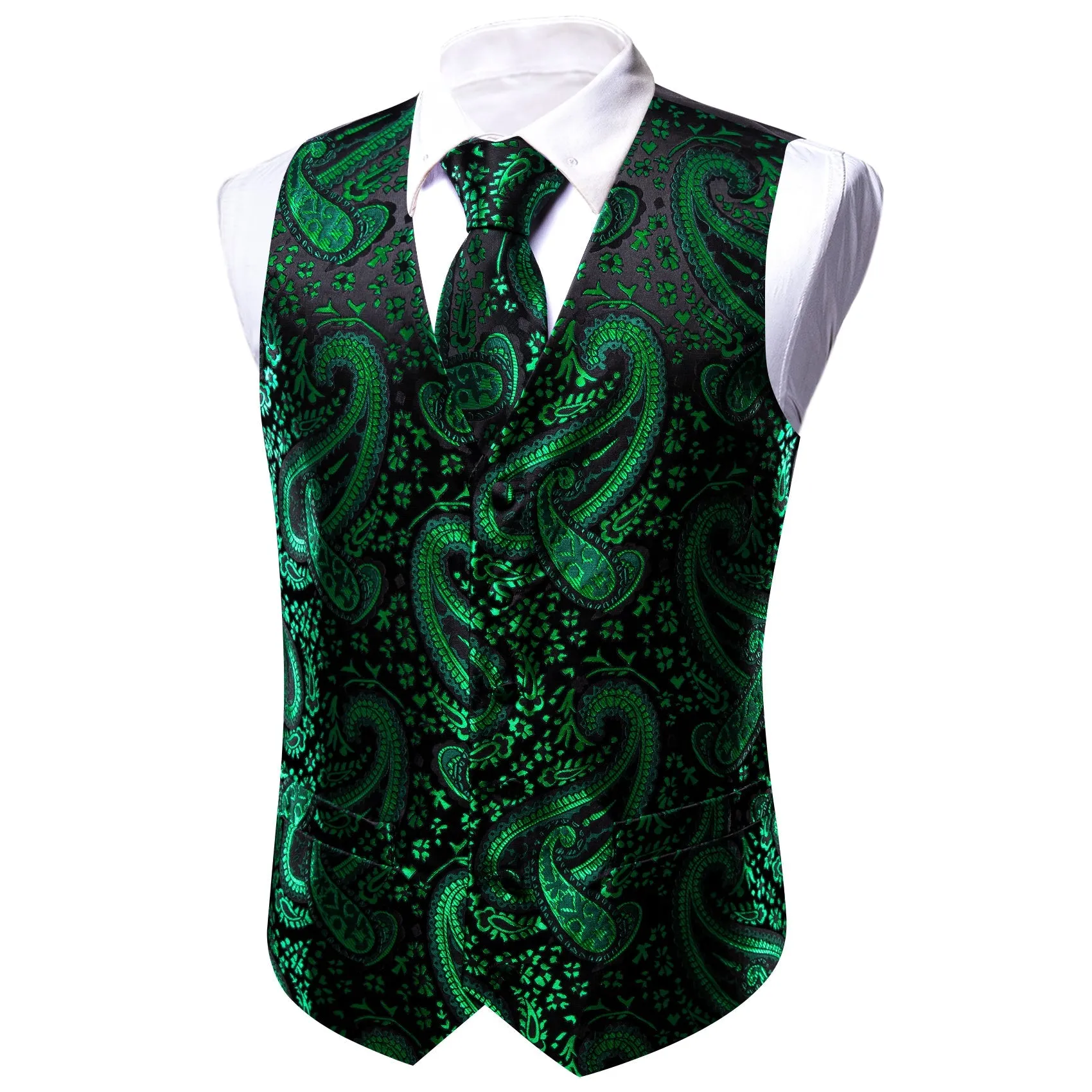 Green Black Paisley Silk Men Vest Hanky Cufflinks Tie Set