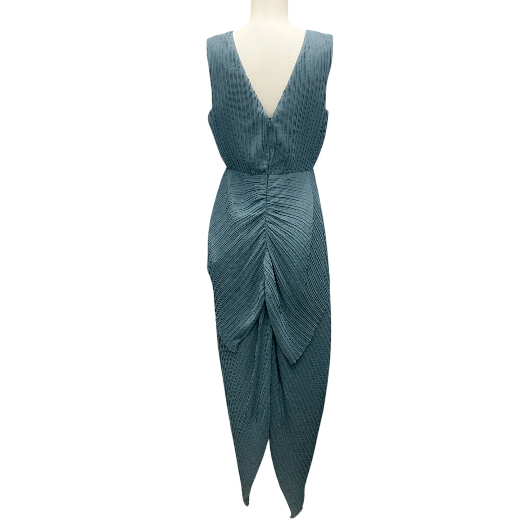 Halston Steel Blue Pleated Chiffon Sleeveless V-Neck Maren Dress