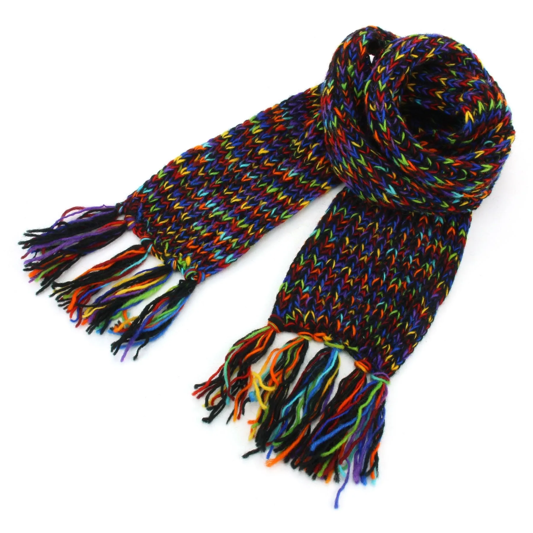 Hand Knitted Wool Scarf - SD Black Rainbow