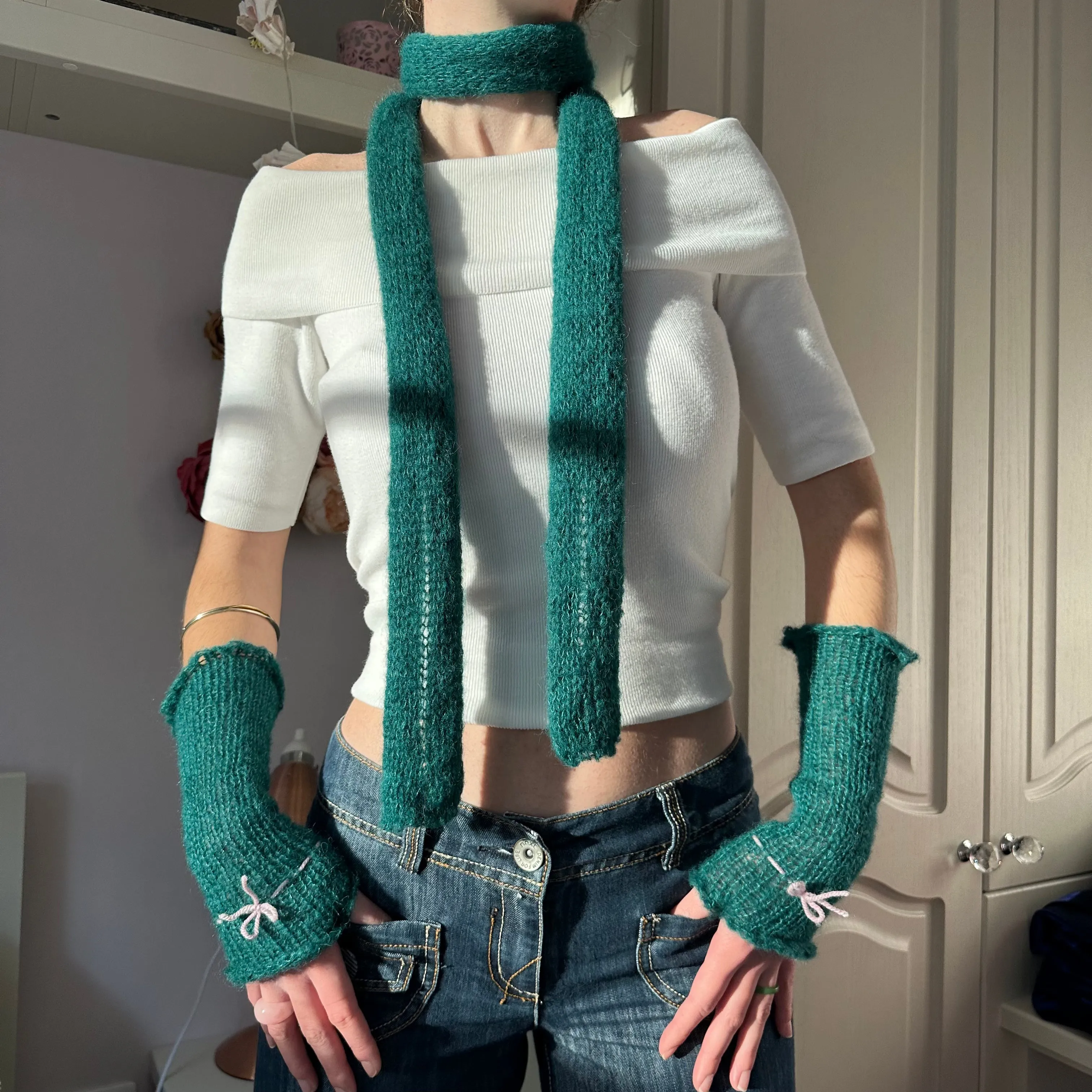 Handmade knitted mohair skinny scarf in emerald green