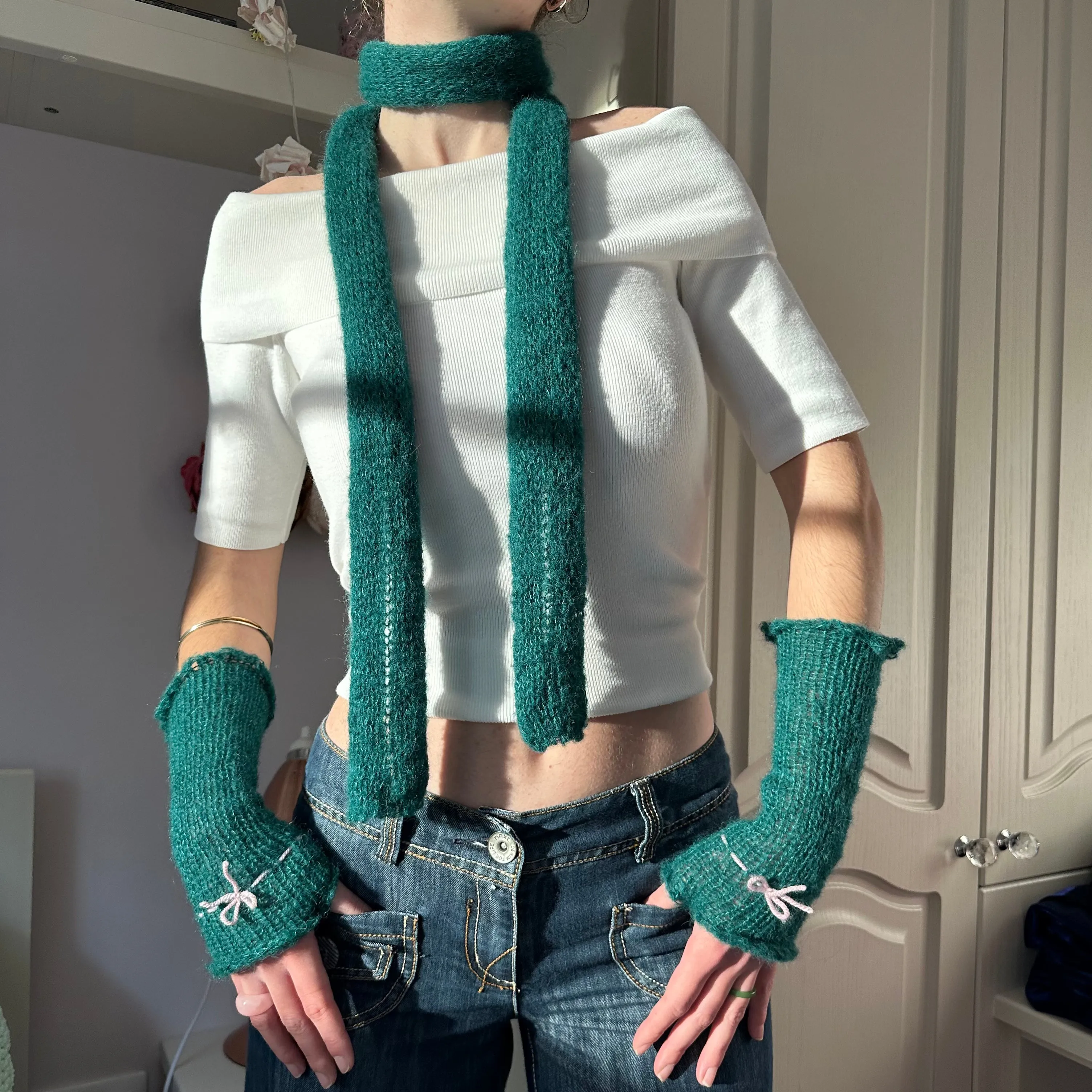 Handmade knitted mohair skinny scarf in emerald green