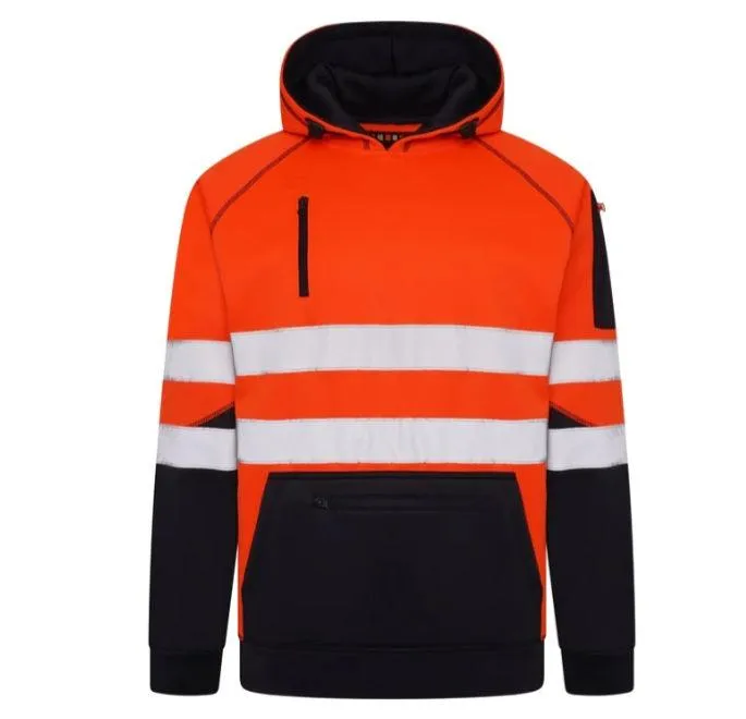 High Vis 3 Pockets 5 thread Pullover Hoodies - Orange/Navy