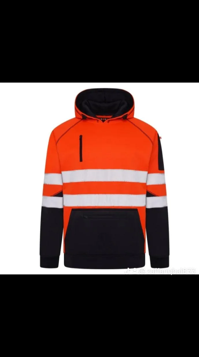 High Vis 3 Pockets 5 thread Pullover Hoodies - Orange/Navy