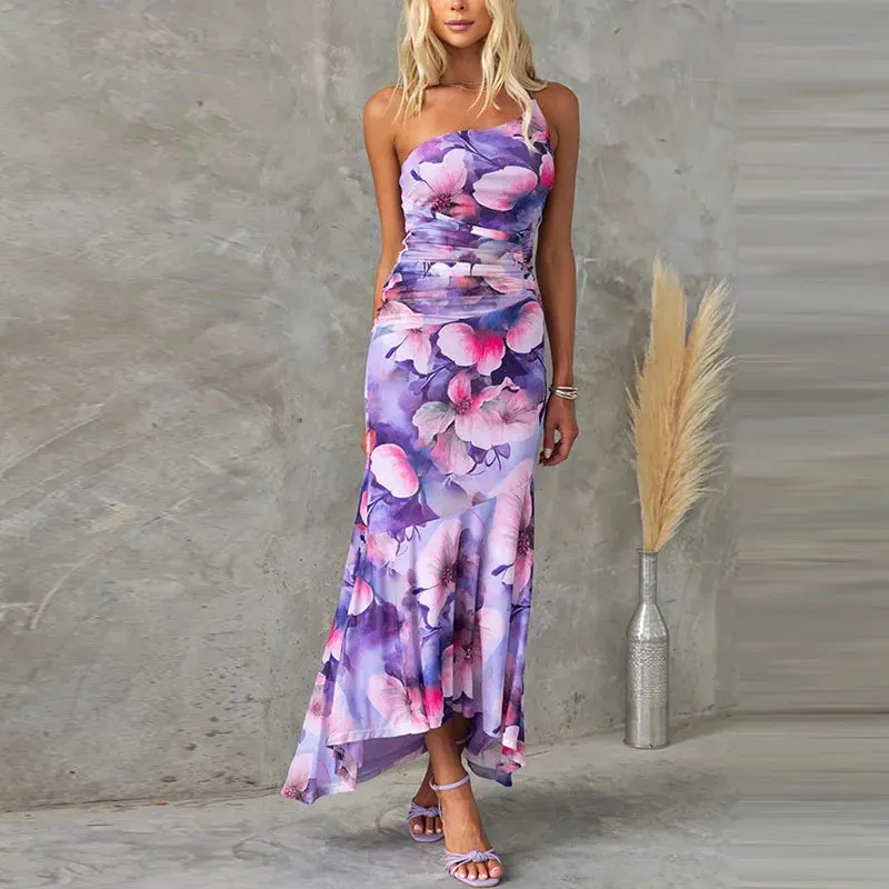 High Waist Slim Party Floral Print 's Long Elegant Off Shoulder Draped A-line Summer Asymmetric Dress