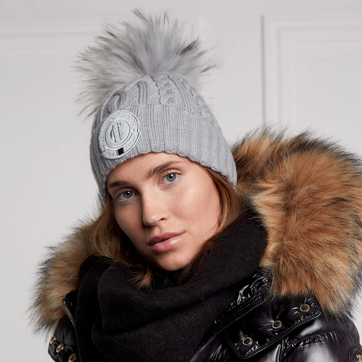 Holland Cooper Cable Faux Fur Bobble Hat in Grey