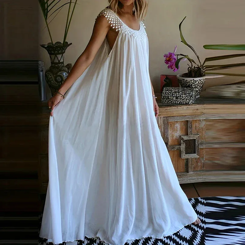 Hollow Sleeveless Pleated Beach Elegant High Waist Solid Long Fashion Lace O-neck Patchwork Loose Party Sexy Dress