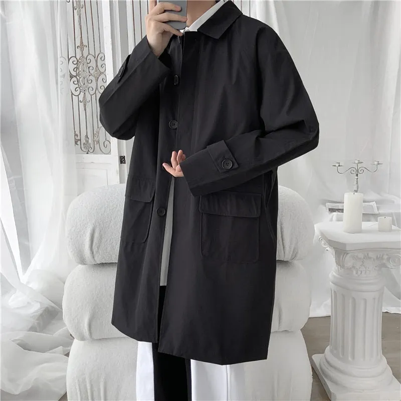 Korean style Cloak Trench Coat Mens Casual Solid Autumn New Fashion Loose Long Overcoat Male High Street Windbreaker Trenchcoat