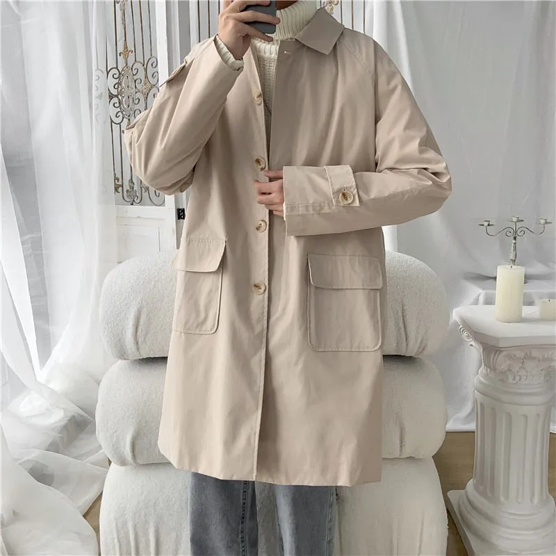 Korean style Cloak Trench Coat Mens Casual Solid Autumn New Fashion Loose Long Overcoat Male High Street Windbreaker Trenchcoat