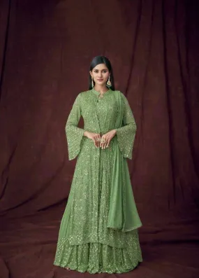 Lehenga Choli with Jacket in Green Georgette