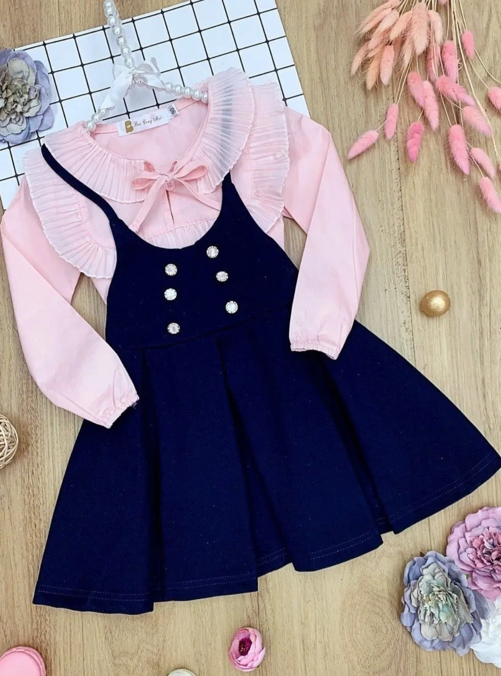 Little Miss Elegant Blouse And Overall Dress Set