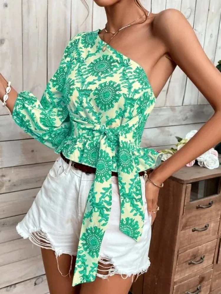 Long Fashionable Sleeve Elegant Printed Sexy Bandage One-shoulder Top