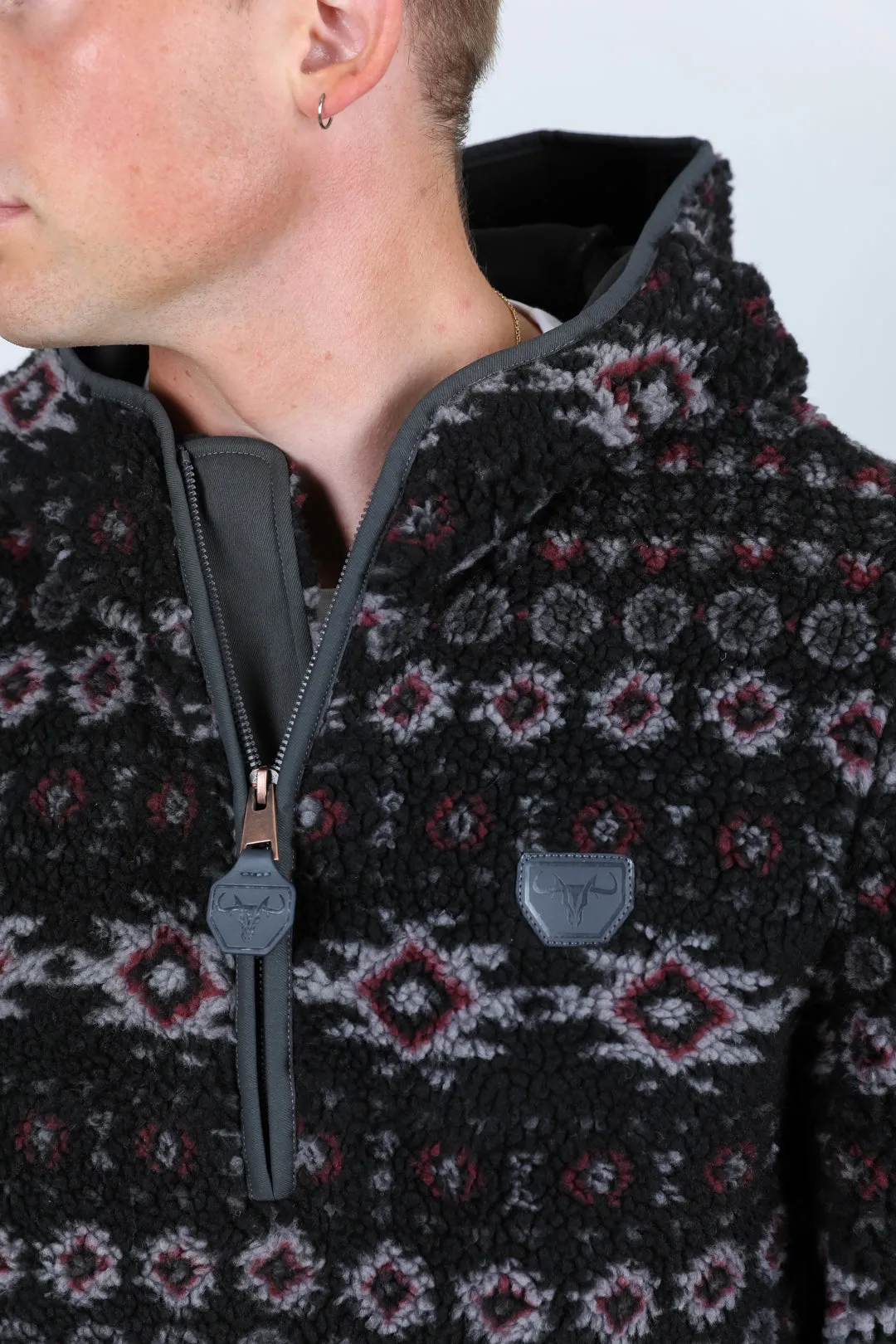 Mens Aztec Sherpa Hooded Pullover - Black