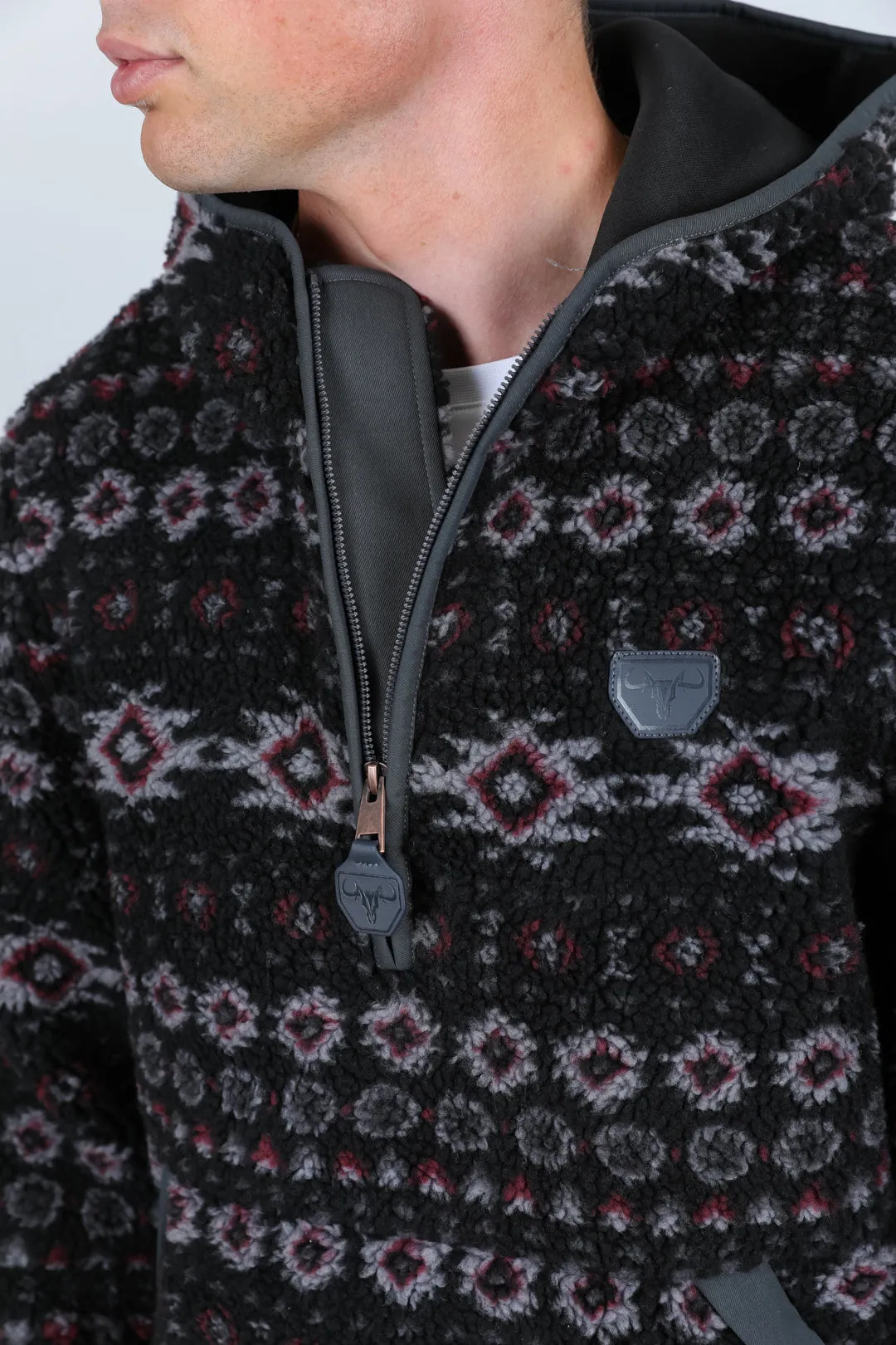 Mens Aztec Sherpa Hooded Pullover - Black