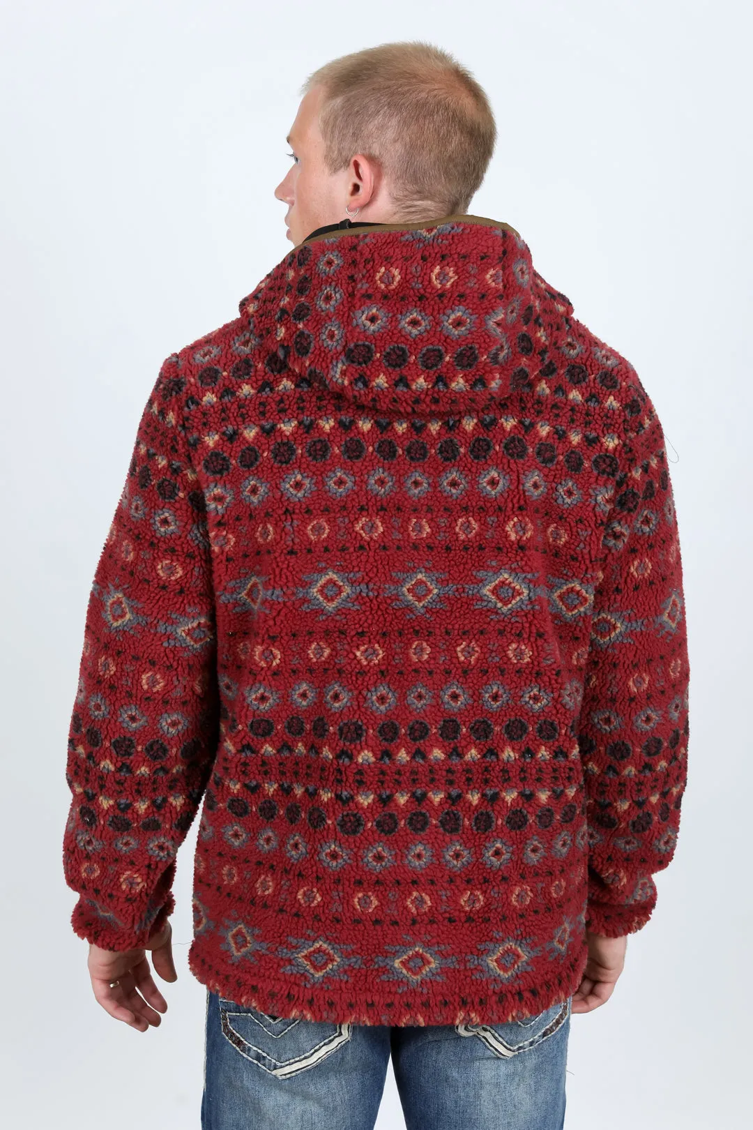 Mens Aztec Sherpa Hooded Pullover - Burgundy