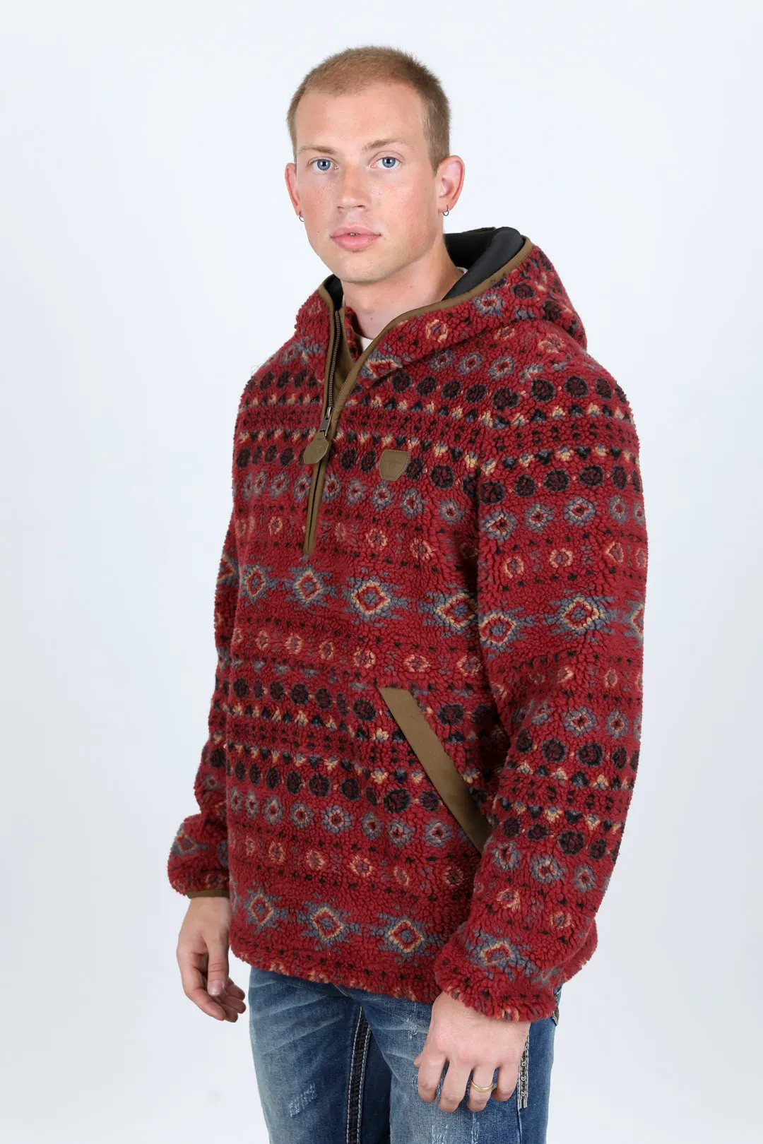 Mens Aztec Sherpa Hooded Pullover - Burgundy