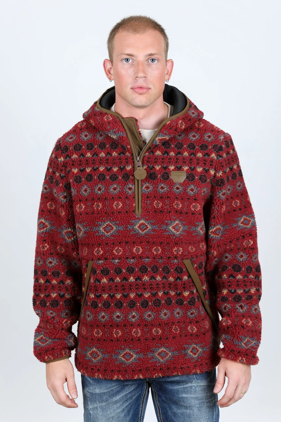 Mens Aztec Sherpa Hooded Pullover - Burgundy